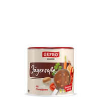 Dose Gefro Klassik Jägersoße mit Champignons, abgebildet mit Soße in Pfanne und Gemüse auf dem Etikett