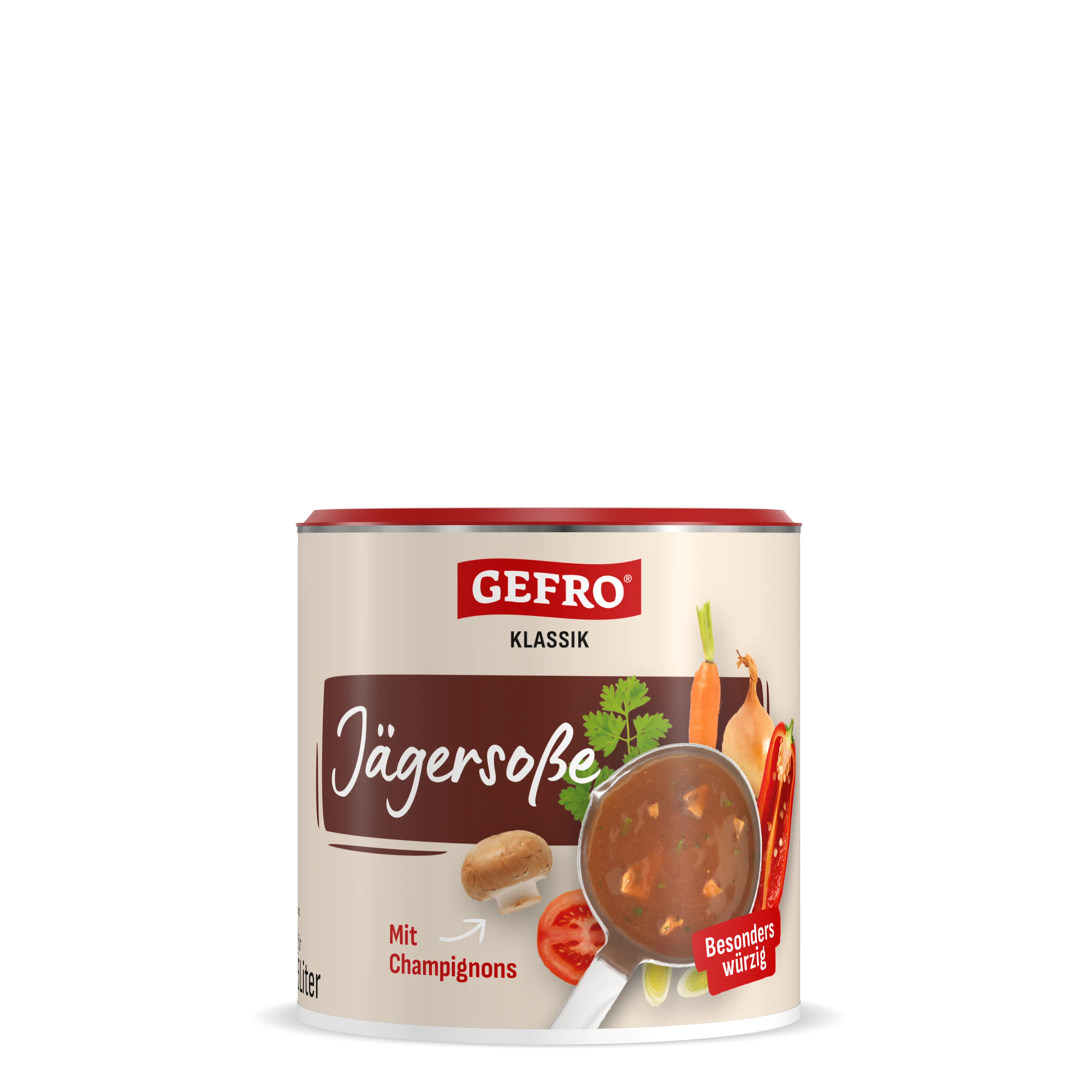 Dose Gefro Klassik Jägersoße mit Champignons, abgebildet mit Soße in Pfanne und Gemüse auf dem Etikett