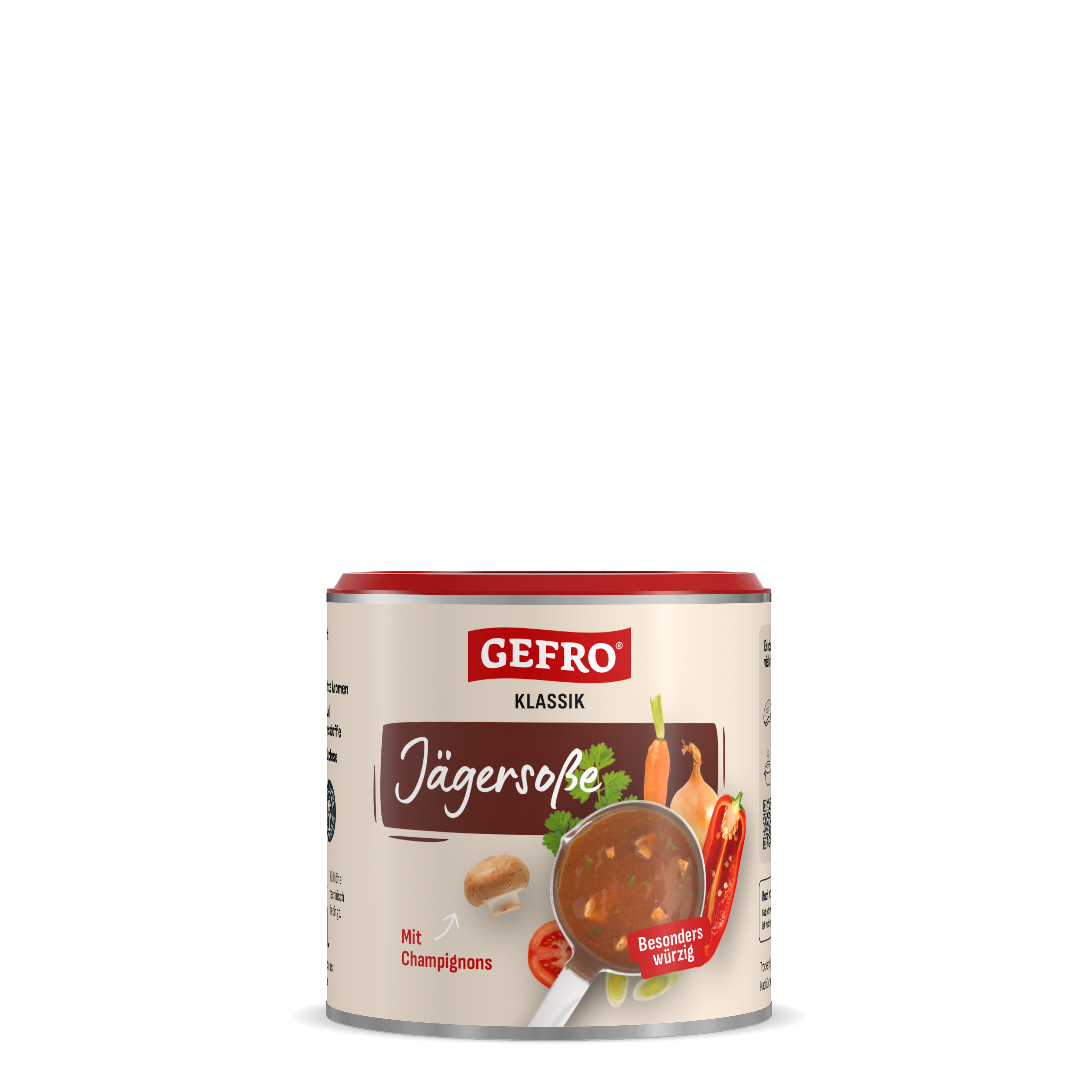 Dose Gefro Klassik Jägersoße mit rotem Deckel, abgebildet mit Pilz, Gemüse und einer Schale würziger Soße
