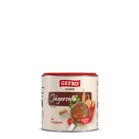 Dose Gefro Klassik Jägersoße, Vorderansicht mit Abbildung der braunen Soße sowie Gemüse und Champignons auf dem Etikett