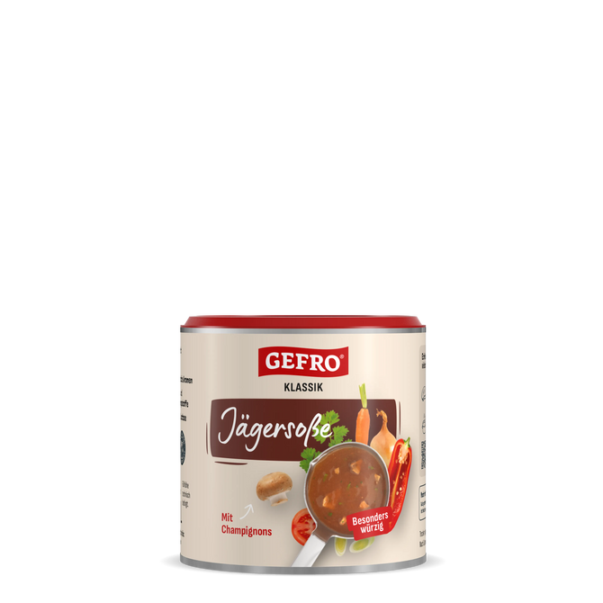 Dose Gefro Klassik Jägersoße, Vorderansicht mit Abbildung der braunen Soße sowie Gemüse und Champignons auf dem Etikett