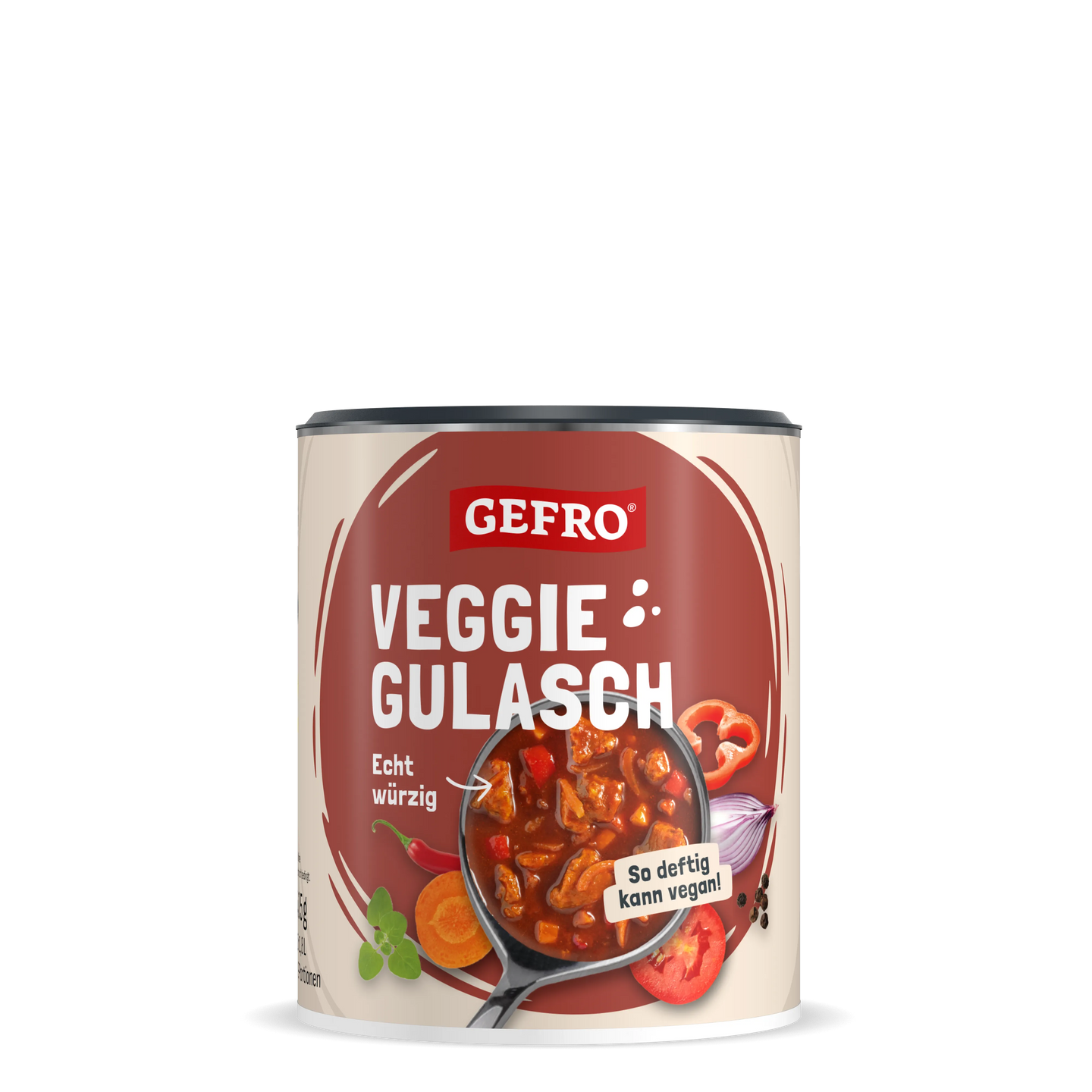 Dose GEFRO Veggie Gulasch mit Abbildung eines veganen Gulaschs und Gemüse auf hellem Hintergrund