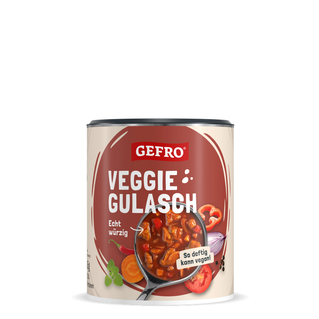 Dose GEFRO Veggie Gulasch mit Abbildung eines veganen Gulaschs und Gemüse auf hellem Hintergrund