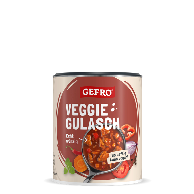 Dose GEFRO Veggie Gulasch mit Abbildung eines veganen Gulaschs und Gemüse auf hellem Hintergrund