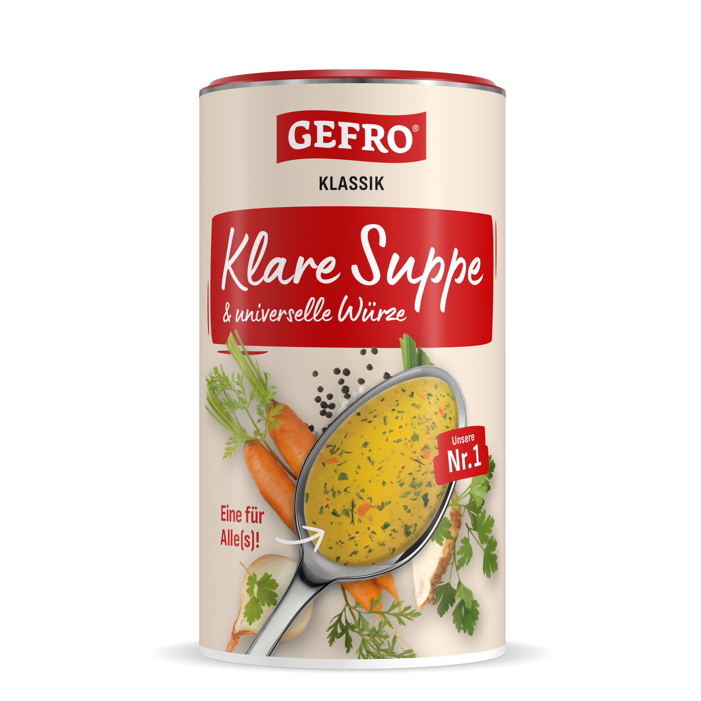 GEFRO Klassik Klare Suppe und universelle Würze in Dose, mit Löffel voll Suppe sowie Karotten und Kräutern.