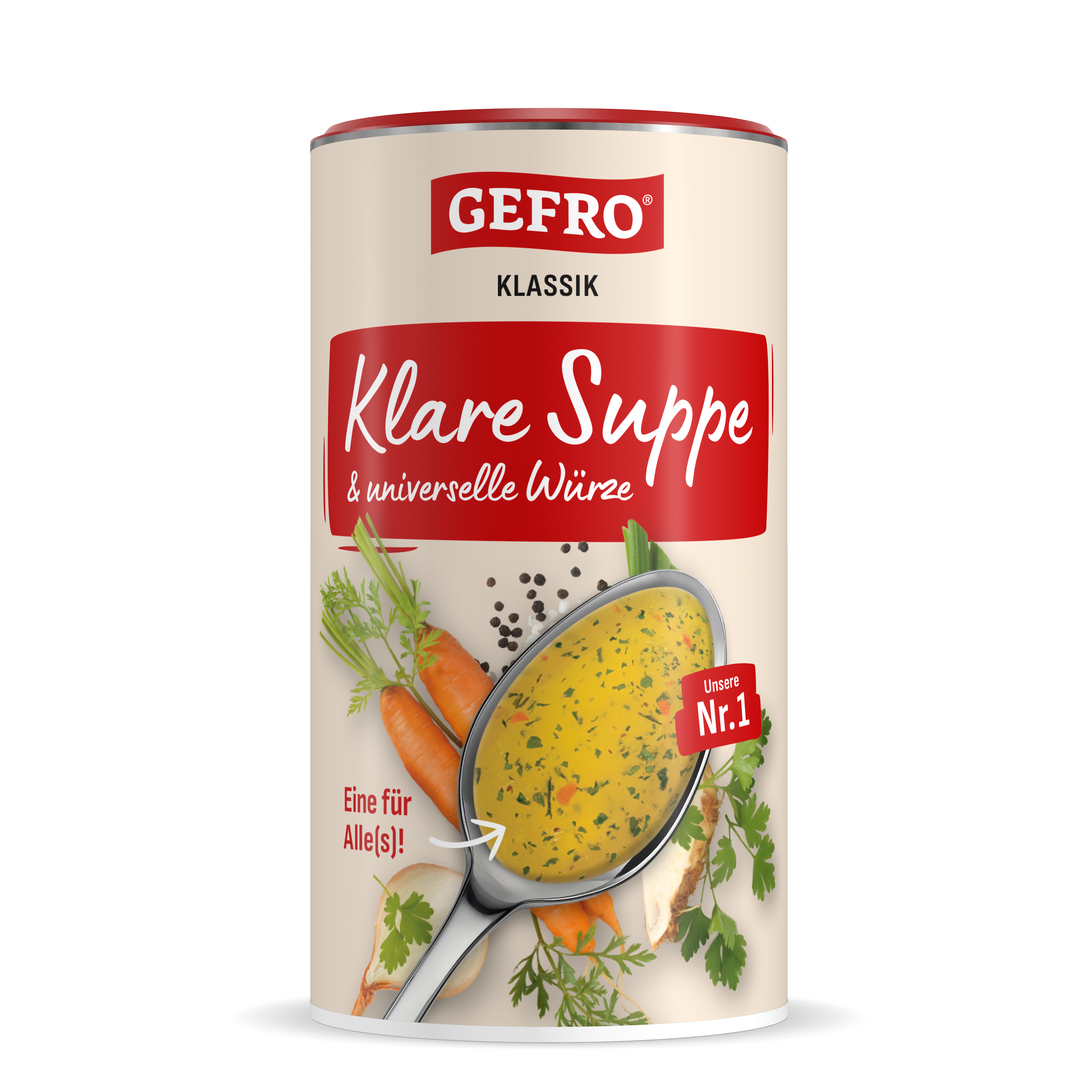 GEFRO Klassik Klare Suppe und universelle Würze in Dose, mit Löffel voll Suppe sowie Karotten und Kräutern.
