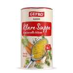 Dose GEFRO Klassik Klare Suppe und universelle Würze, Vorderseite mit Löffel, Suppe und Gemüseabbildung
