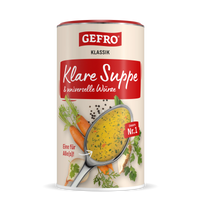 Dose GEFRO Klassik Klare Suppe und universelle Würze, Vorderseite mit Löffel, Suppe und Gemüseabbildung