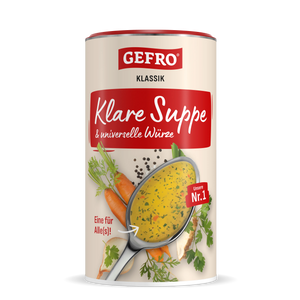 Dose GEFRO Klassik Klare Suppe und universelle Würze, Vorderseite mit Löffel, Suppe und Gemüseabbildung