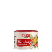Dose Gefro Klassik Klare Suppe & universelle Würze mit rotem Deckel, Produktverpackung freigestellt vor schwarzem Hintergrund