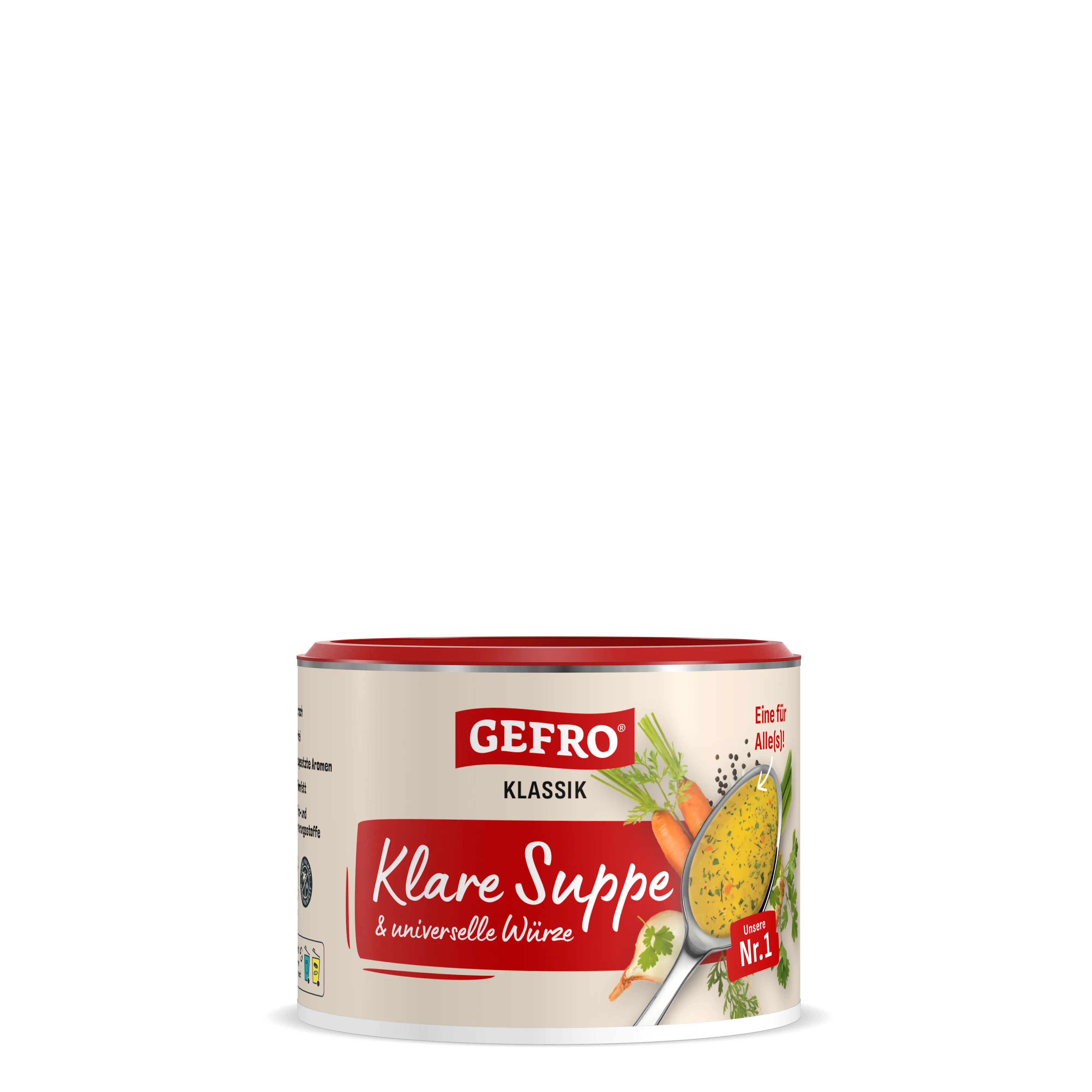 Dose Gefro Klassik Klare Suppe & universelle Würze mit rotem Deckel, Produktverpackung freigestellt vor schwarzem Hintergrund