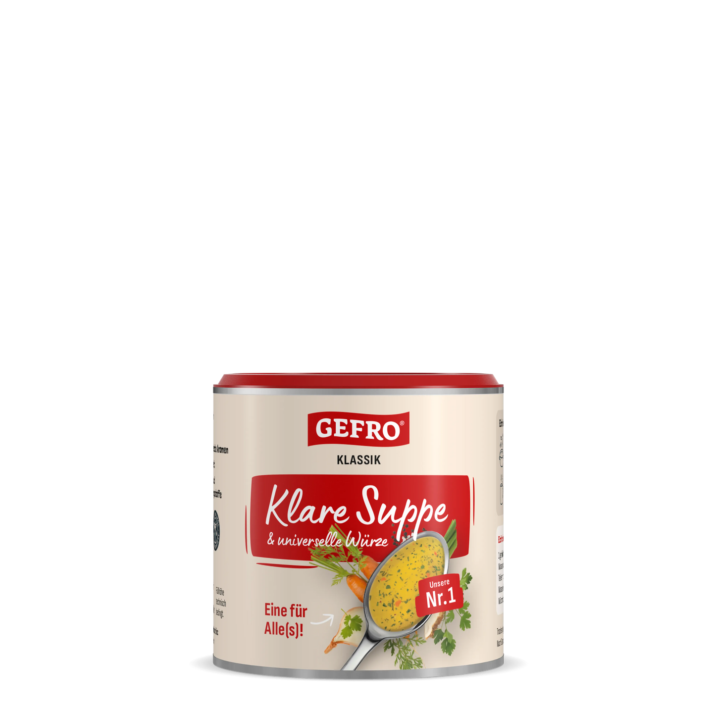 Dose GEFRO Klassik Klare Suppe und universelle Würze, cremefarbene Verpackung mit rotem Deckel und Löffelmotiv