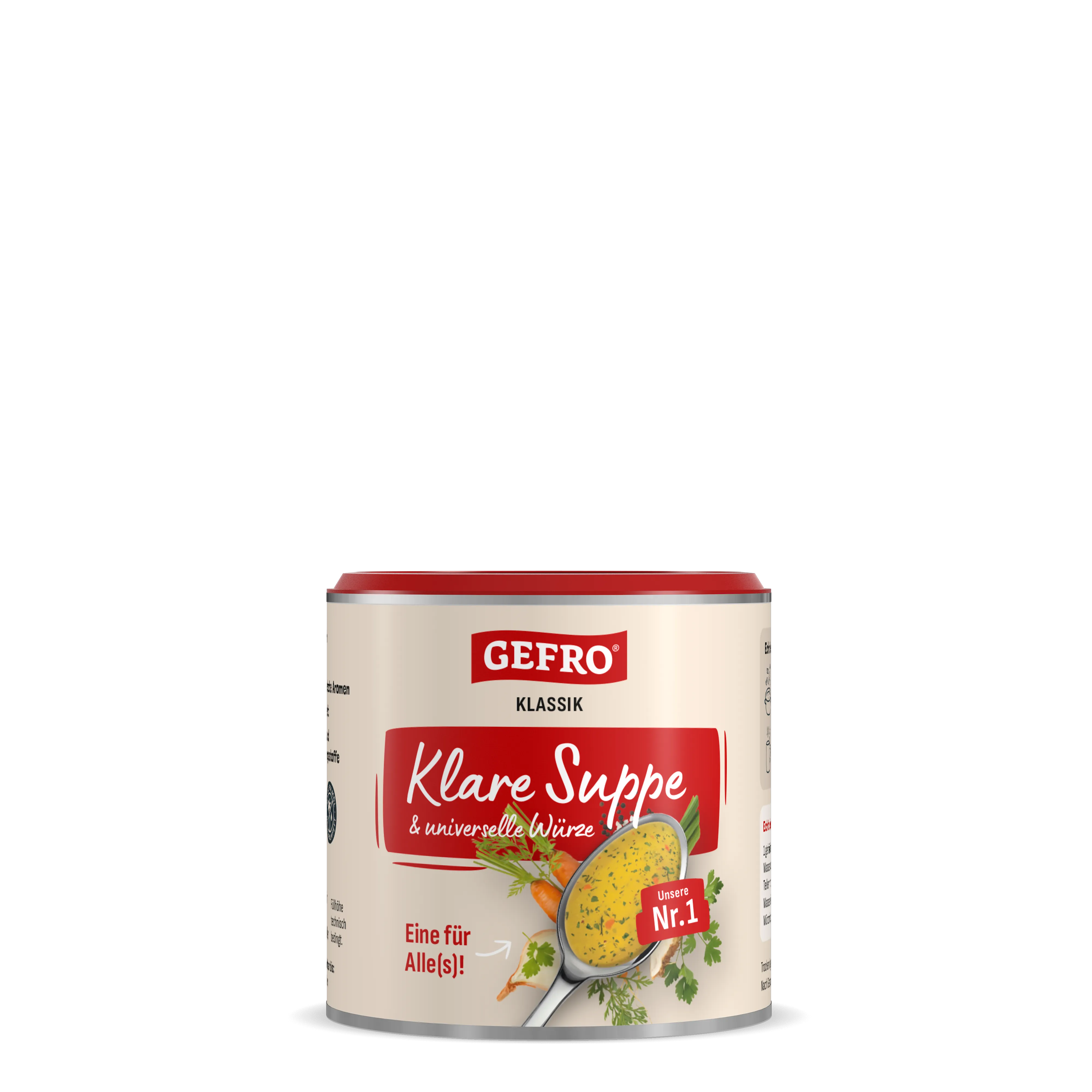 Dose GEFRO Klassik Klare Suppe und universelle Würze, cremefarbene Verpackung mit rotem Deckel und Löffelmotiv
