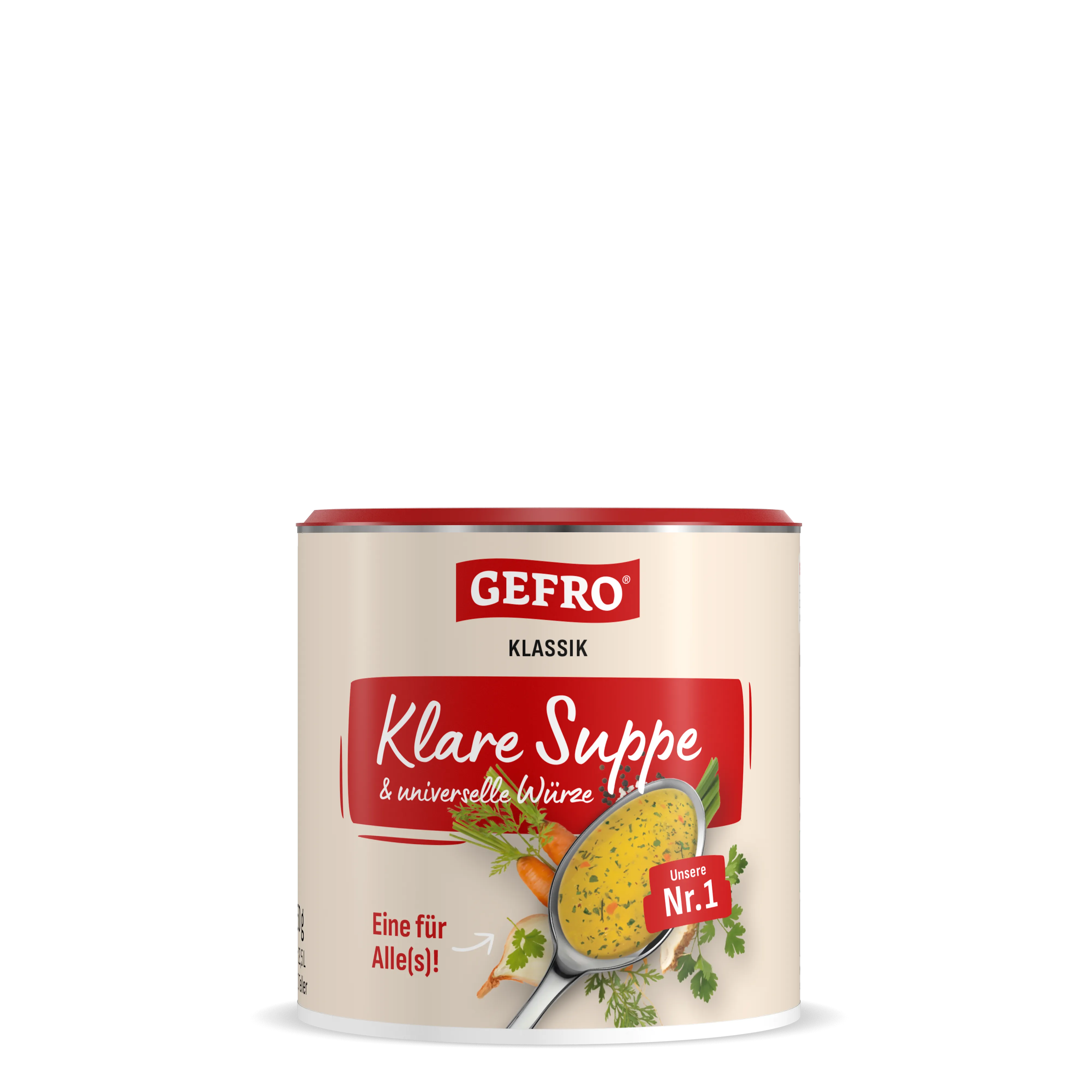 Dose Gefro Klassik Klare Suppe und universelle Würze, Produktverpackung in Creme mit rotem Etikett und Suppenlöffel