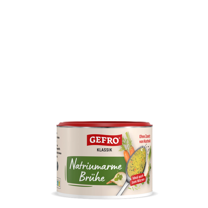Dose Gefro Klassik natriumarme Brühe mit rotem Deckel, Produktverpackung für Brühe ohne Zusatz von Kochsalz