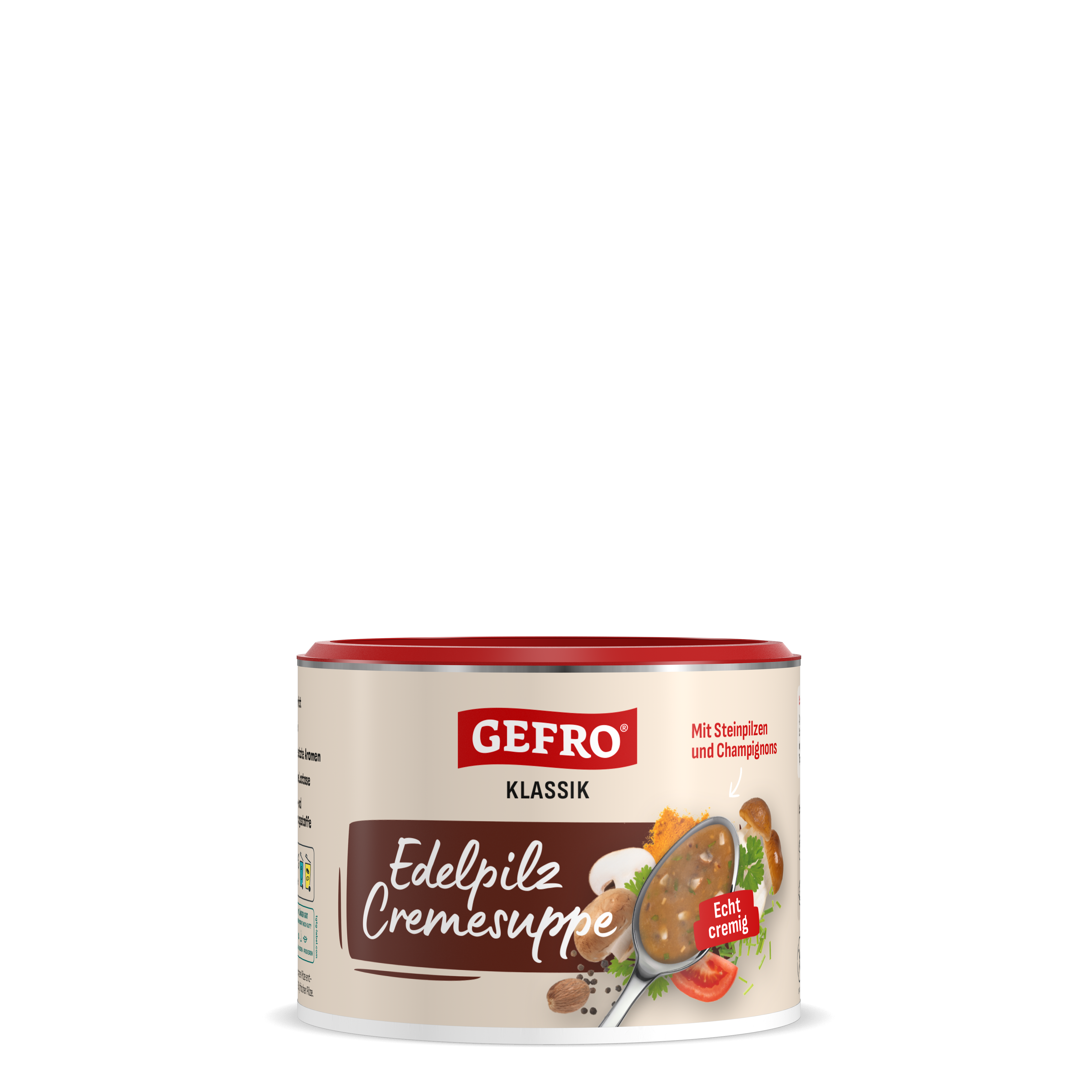 Dose Gefro Klassik Edelpilz Cremesuppe mit rotem Deckel und Abbildung einer cremigen Pilzsuppe im Löffel