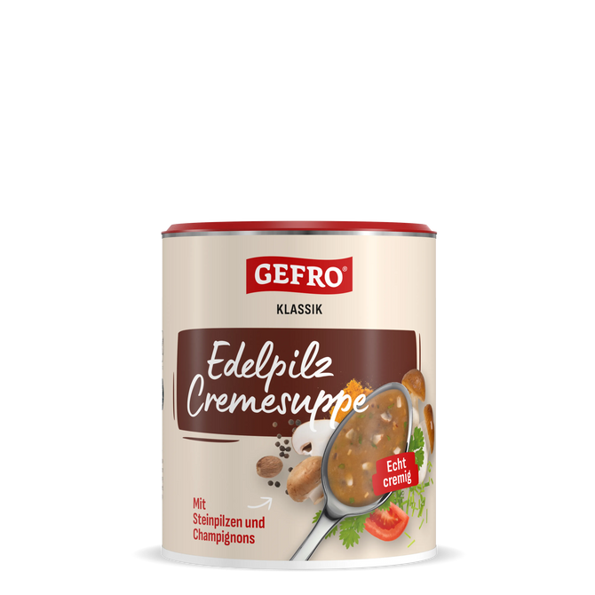 Dose Gefro Klassik Edelpilz Cremesuppe, cremige Pilzsuppe mit Steinpilzen und Champignons, frontal gezeigt