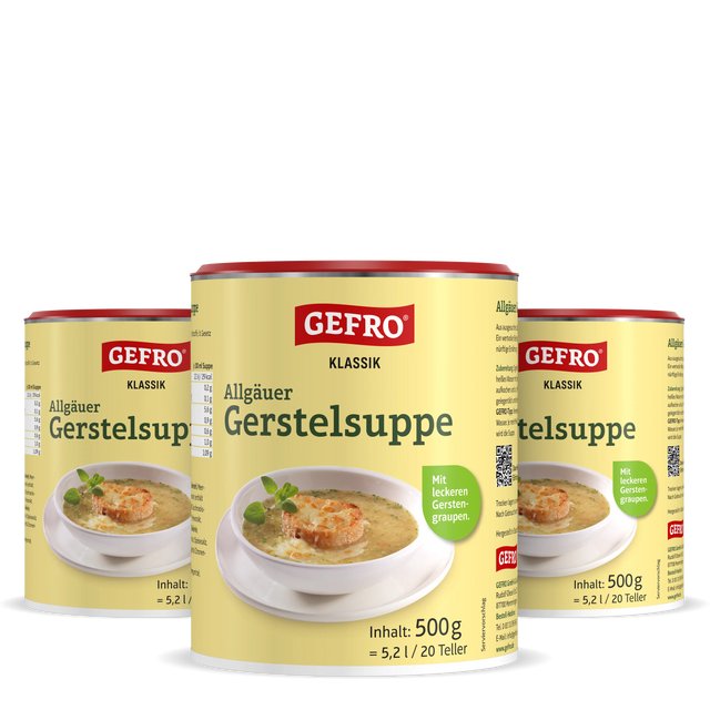 Drei Dosen GEFRO Klassik Allgäuer Gerstelsuppe, vorne eine 500-g-Packung mit Serviervorschlag in Schale.