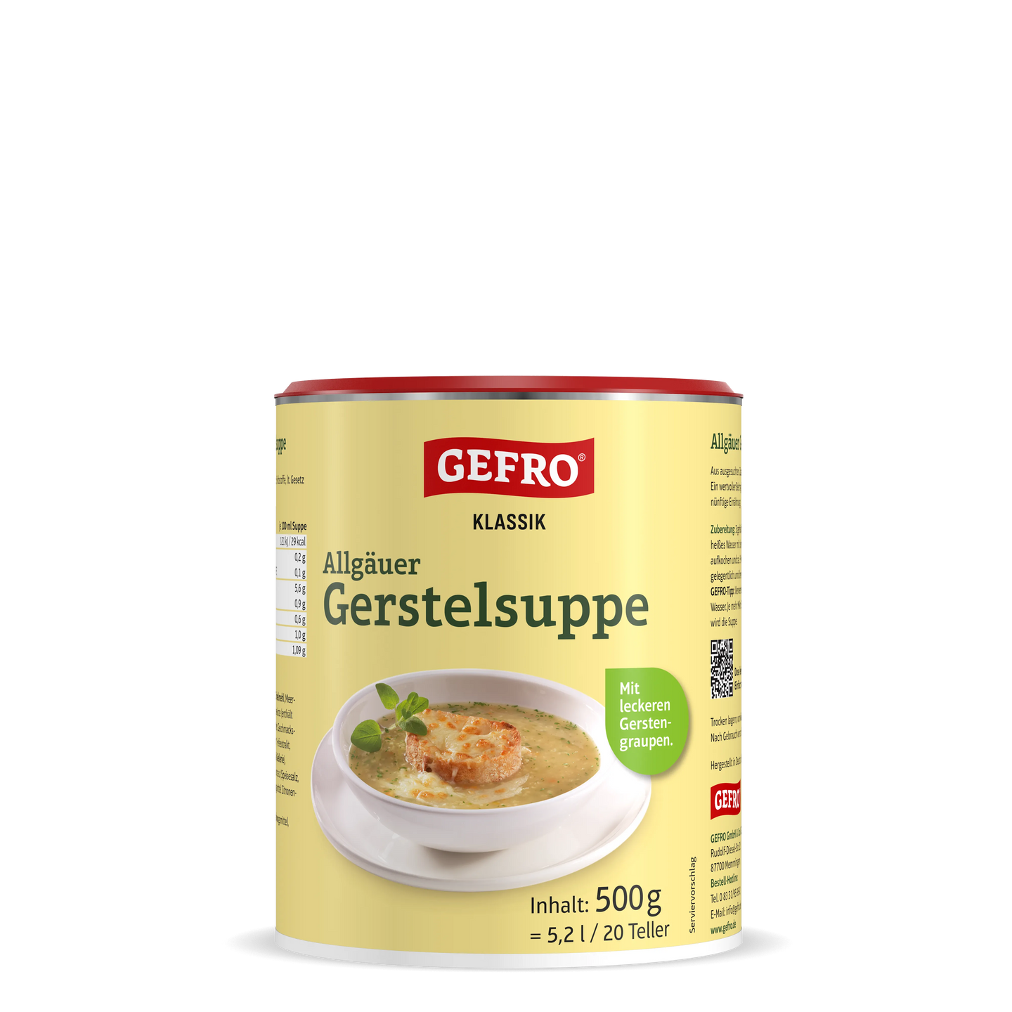 Dose Gefro Klassik Allgäuer Gerstelsuppe, 500 g, mit Abbildung einer cremigen Suppe in weißer Schale auf Teller