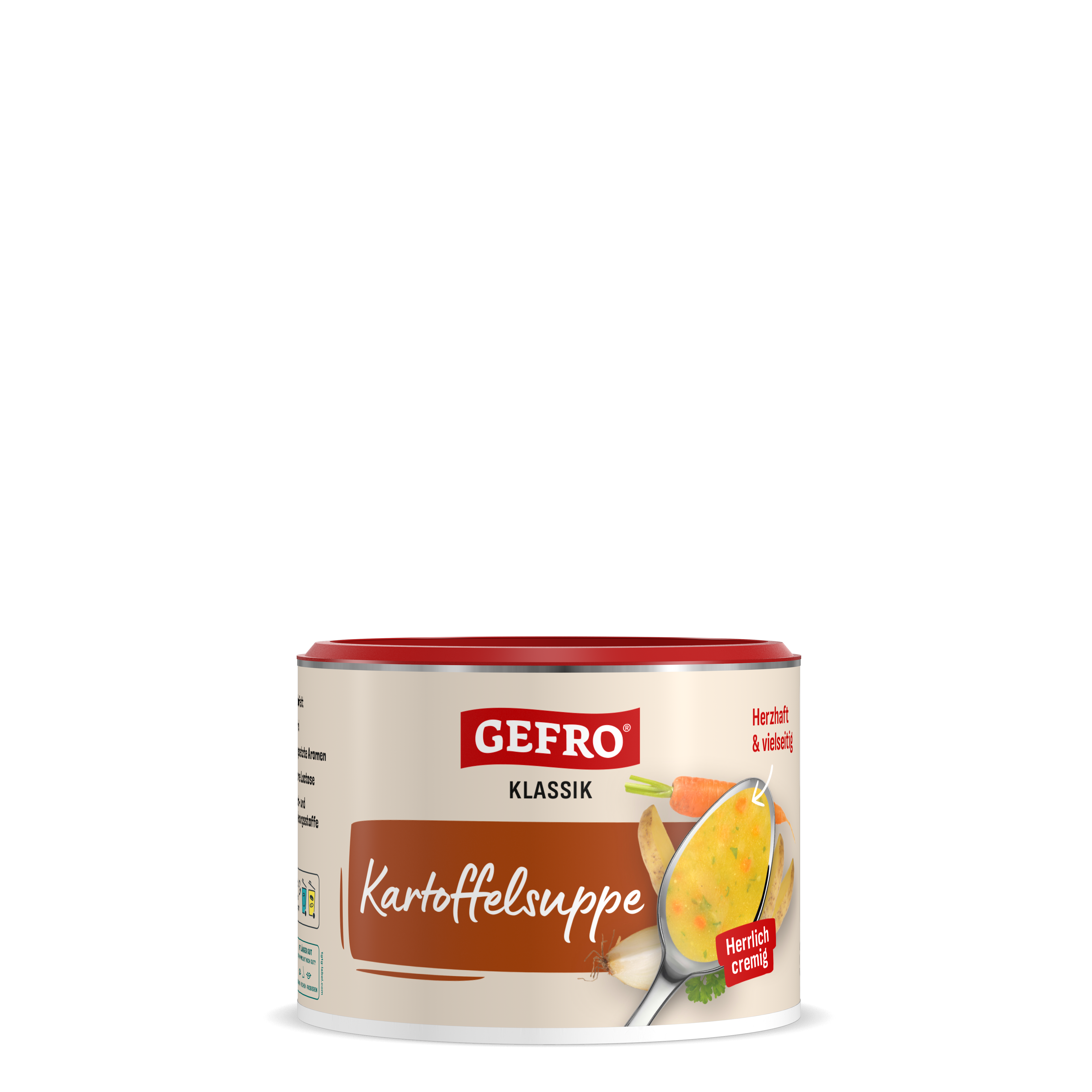 Dose GEFRO Klassik Kartoffelsuppe mit rotem Deckel und Abbildung einer cremigen Suppe auf schwarzem Hintergrund