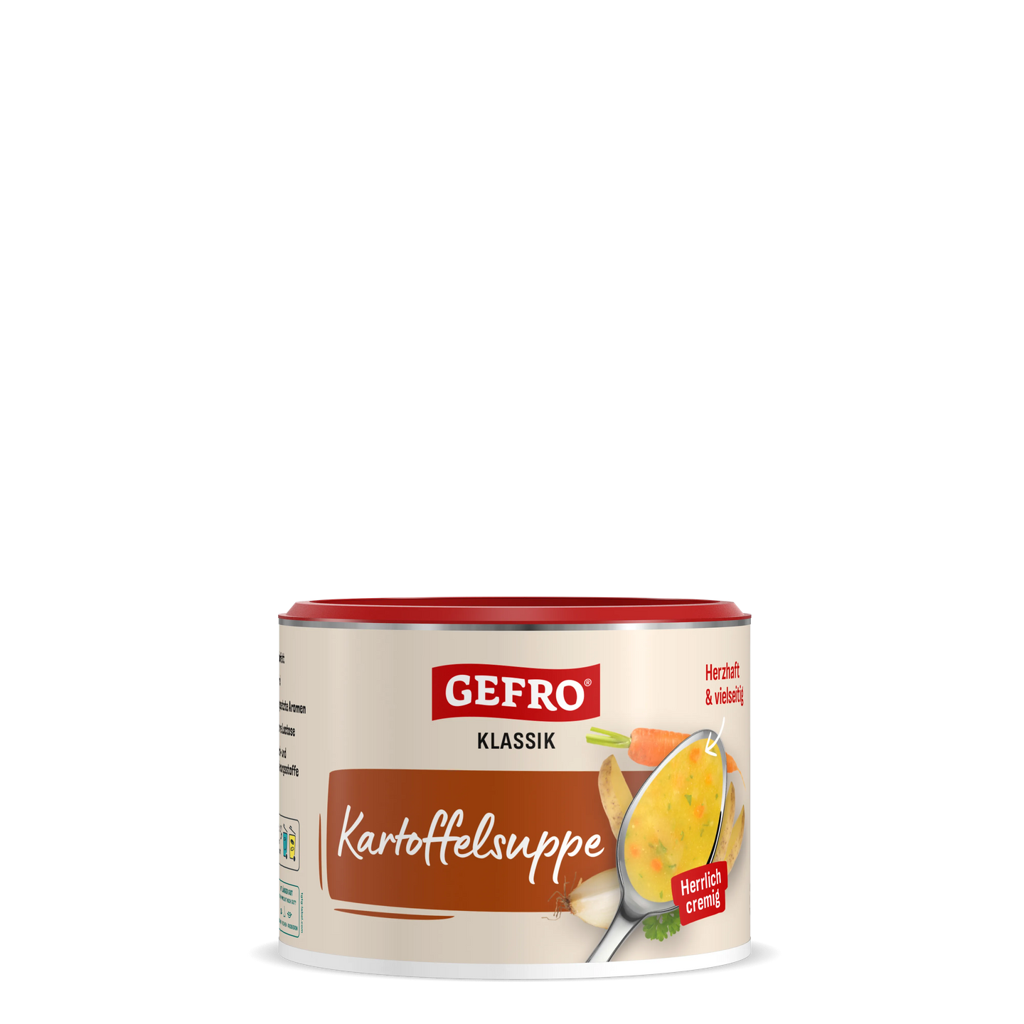 Dose Gefro Klassik Kartoffelsuppe, cremige Fertigsuppe mit Abbildung von Suppe im Löffel und Gemüsestücken.