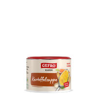 Dose Gefro Klassik Kartoffelsuppe, cremige Fertigsuppe mit Abbildung von Suppe im Löffel und Gemüsestücken.