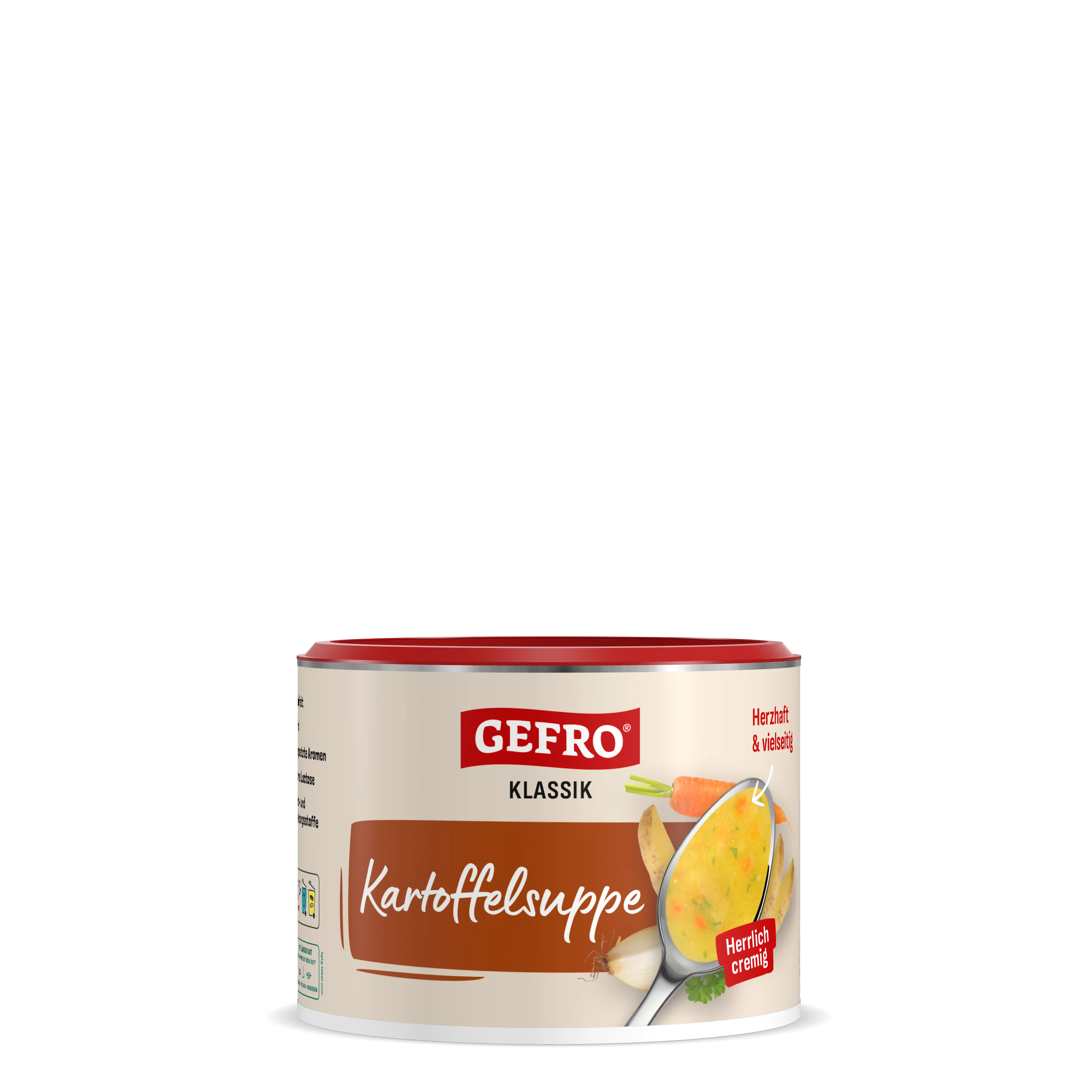 Dose Gefro Klassik Kartoffelsuppe, cremige Fertigsuppe mit Abbildung von Suppe im Löffel und Gemüsestücken.