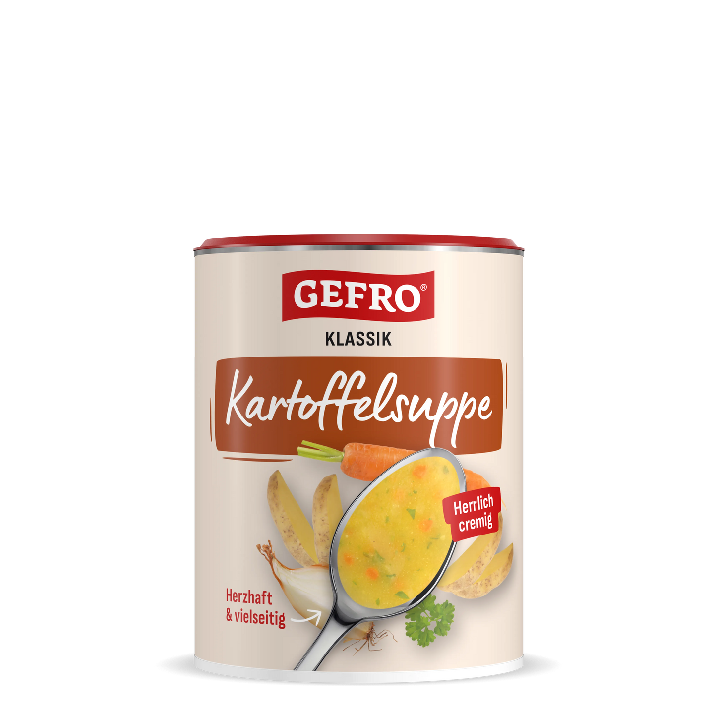 Dose GEFRO Klassik Kartoffelsuppe, cremige Kartoffelsuppe mit Karotte und Kräutern auf der Verpackung