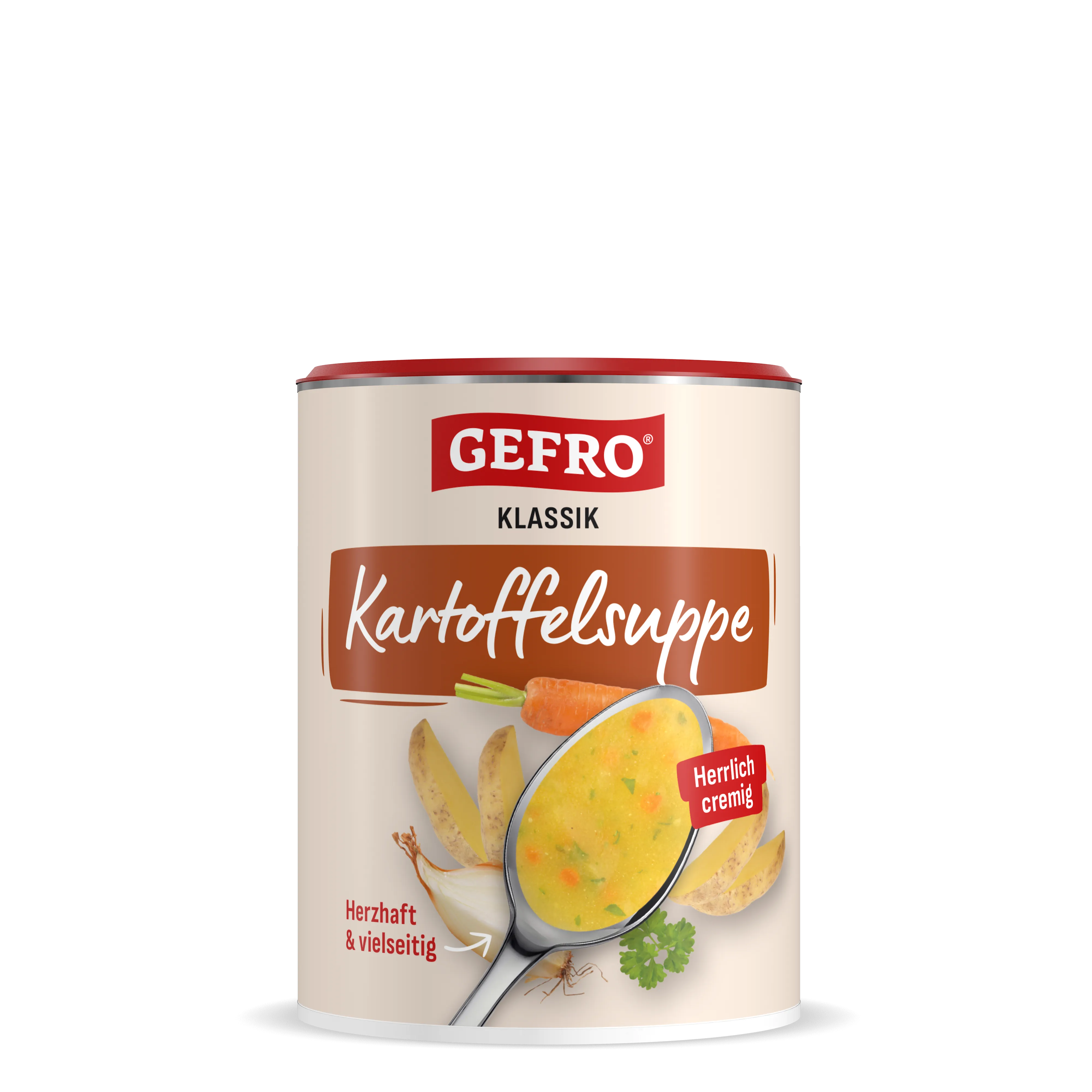 Dose GEFRO Klassik Kartoffelsuppe, cremige Kartoffelsuppe mit Karotte und Kräutern auf der Verpackung