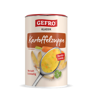 GEFRO Klassik Kartoffelsuppe in Dose, vorne mit Löffel cremiger Suppe sowie Kartoffeln, Karotte, Zwiebel und Petersilie