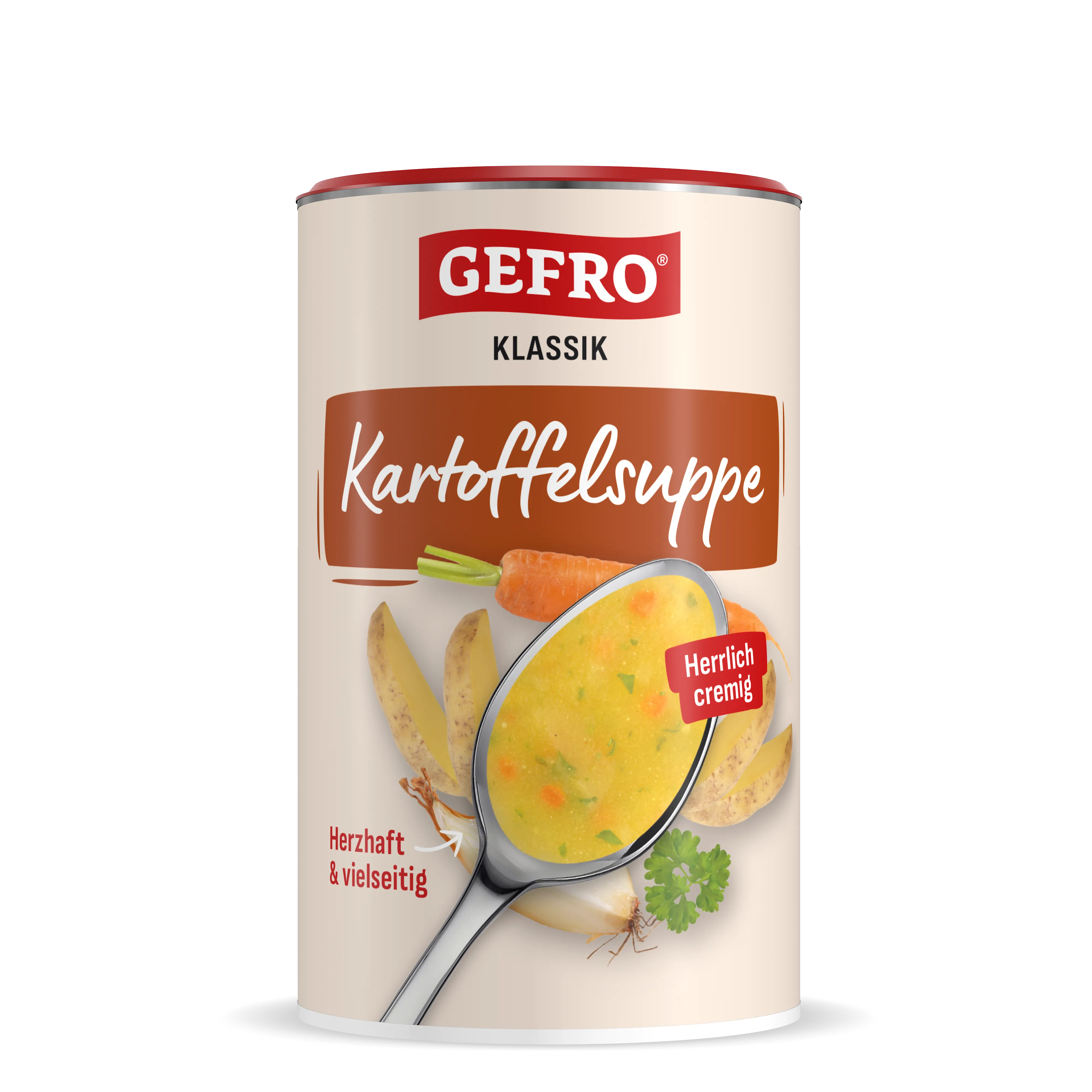 GEFRO Klassik Kartoffelsuppe in Dose, vorne mit Löffel cremiger Suppe sowie Kartoffeln, Karotte, Zwiebel und Petersilie