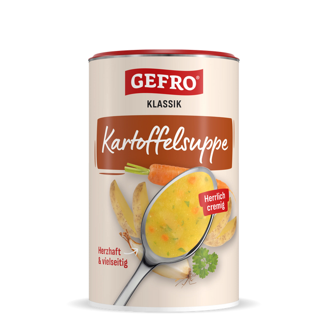 GEFRO Klassik Kartoffelsuppe in Dose, vorne mit Löffel cremiger Suppe sowie Kartoffeln, Karotte, Zwiebel und Petersilie