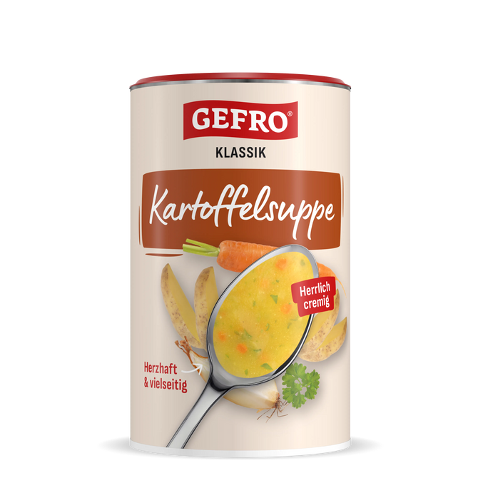 GEFRO Klassik Kartoffelsuppe in Dose, vorne mit Löffel cremiger Suppe sowie Kartoffeln, Karotte, Zwiebel und Petersilie