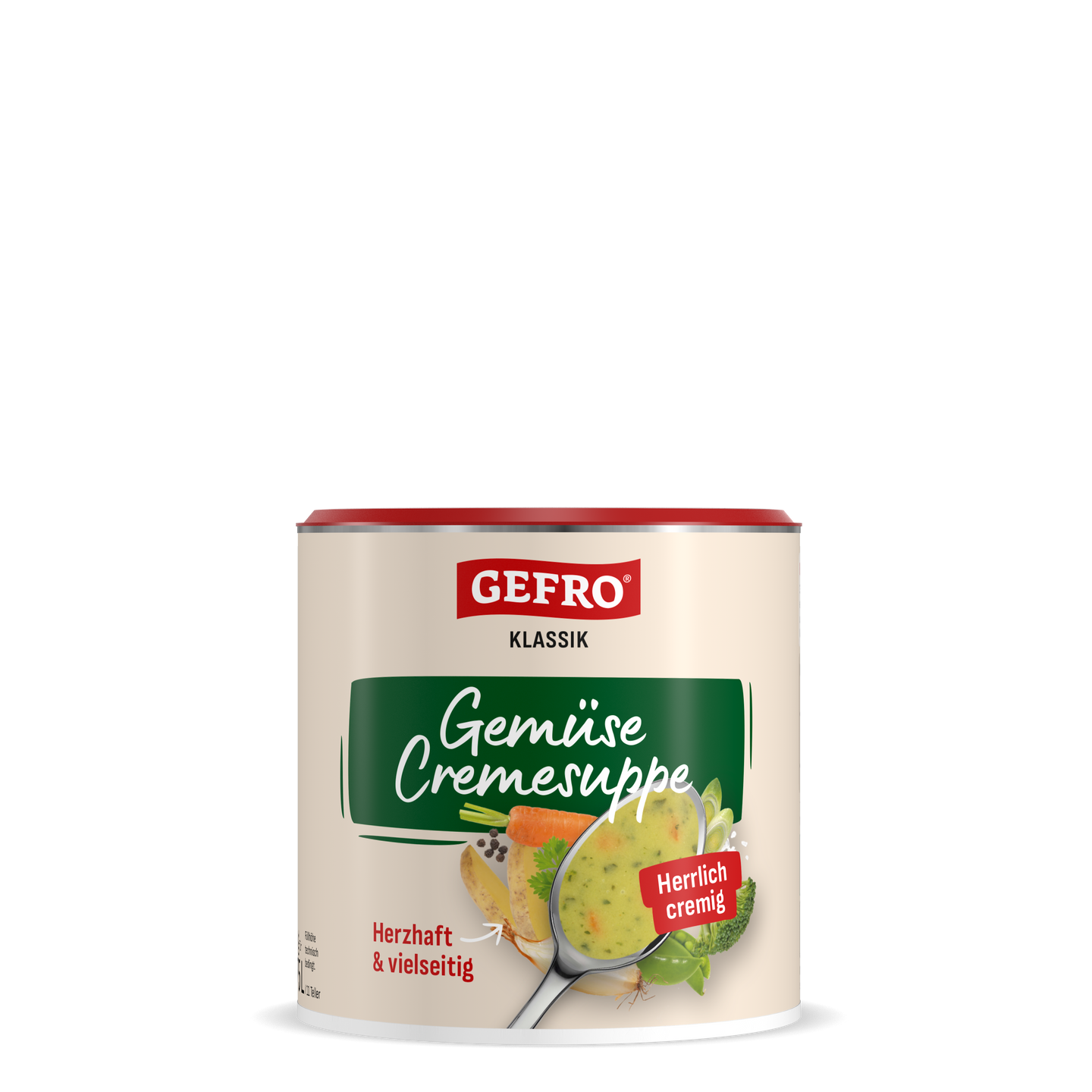 Dose Gefro Klassik Gemüse-Cremesuppe mit Abbildung einer cremigen Suppe im Löffel und frischem Gemüse auf der Verpackung
