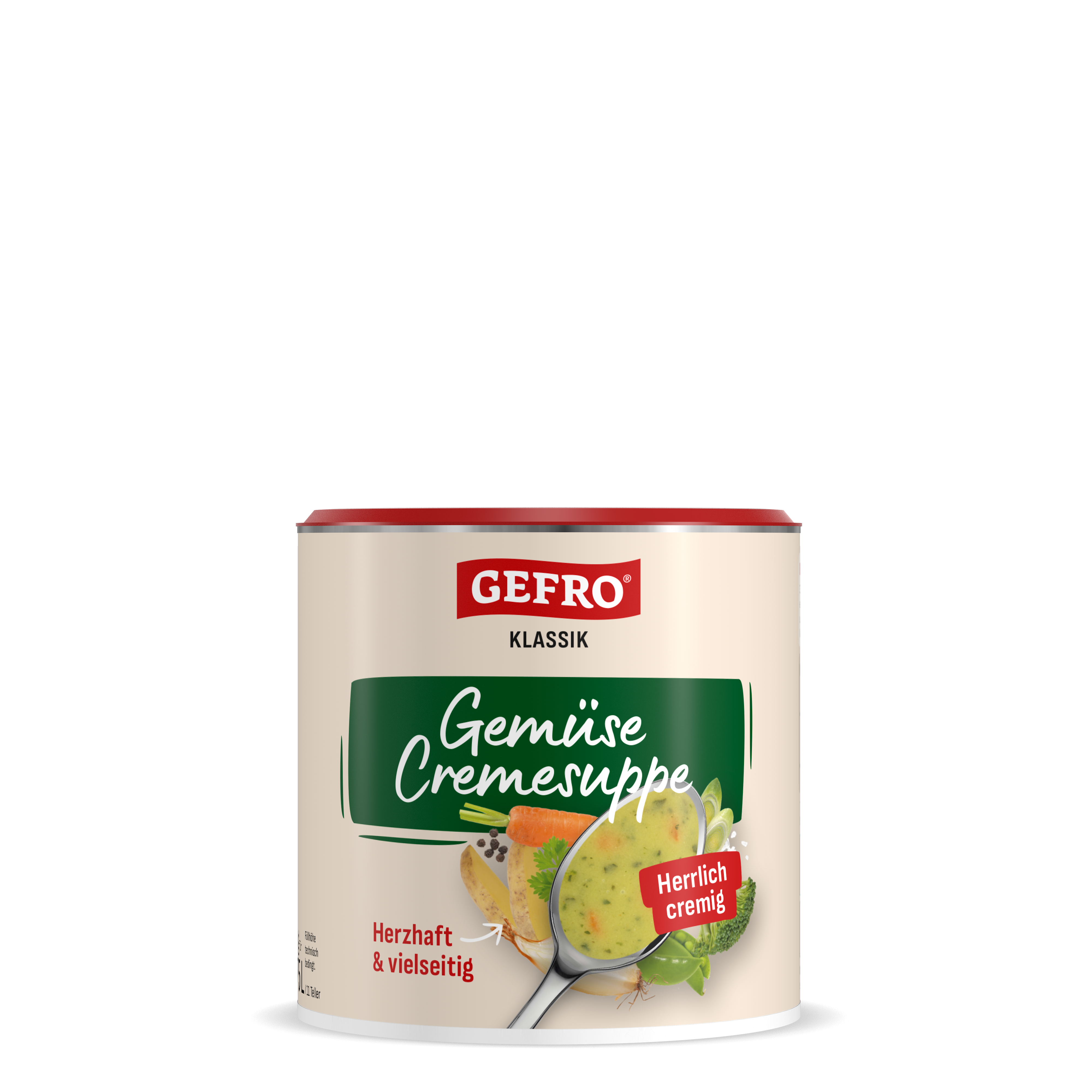 Dose Gefro Klassik Gemüse-Cremesuppe mit Abbildung einer cremigen Suppe im Löffel und frischem Gemüse auf der Verpackung