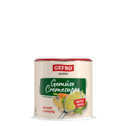 Dose GEFRO Klassik Gemüse Cremesuppe mit Abbildung einer cremigen Gemüsesuppe und frischem Gemüse auf dem Etikett