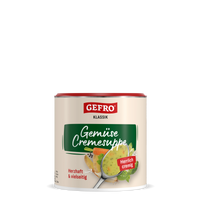 Dose Gefro Klassik Gemüse Cremesuppe, Vorderansicht mit Löffel cremiger Suppe und abgebildetem Gemüse auf dem Etikett
