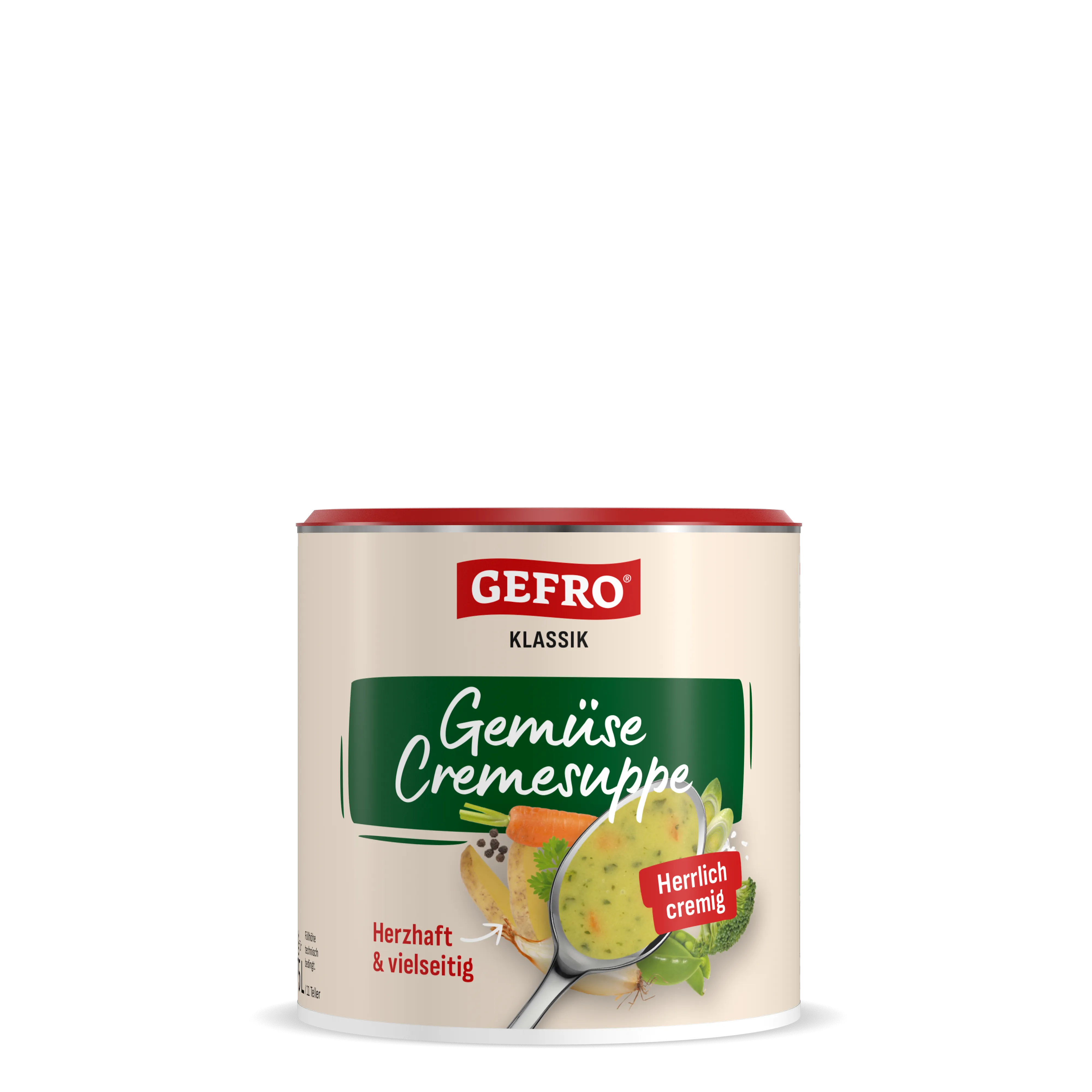 Dose Gefro Klassik Gemüse Cremesuppe, Vorderansicht mit Löffel cremiger Suppe und abgebildetem Gemüse auf dem Etikett