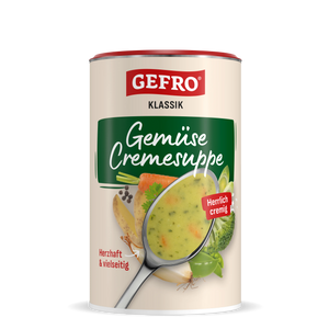 Dose GEFRO Klassik Gemüse Cremesuppe mit Abbildung einer cremigen Gemüsesuppe und frischem Gemüse auf dem Etikett