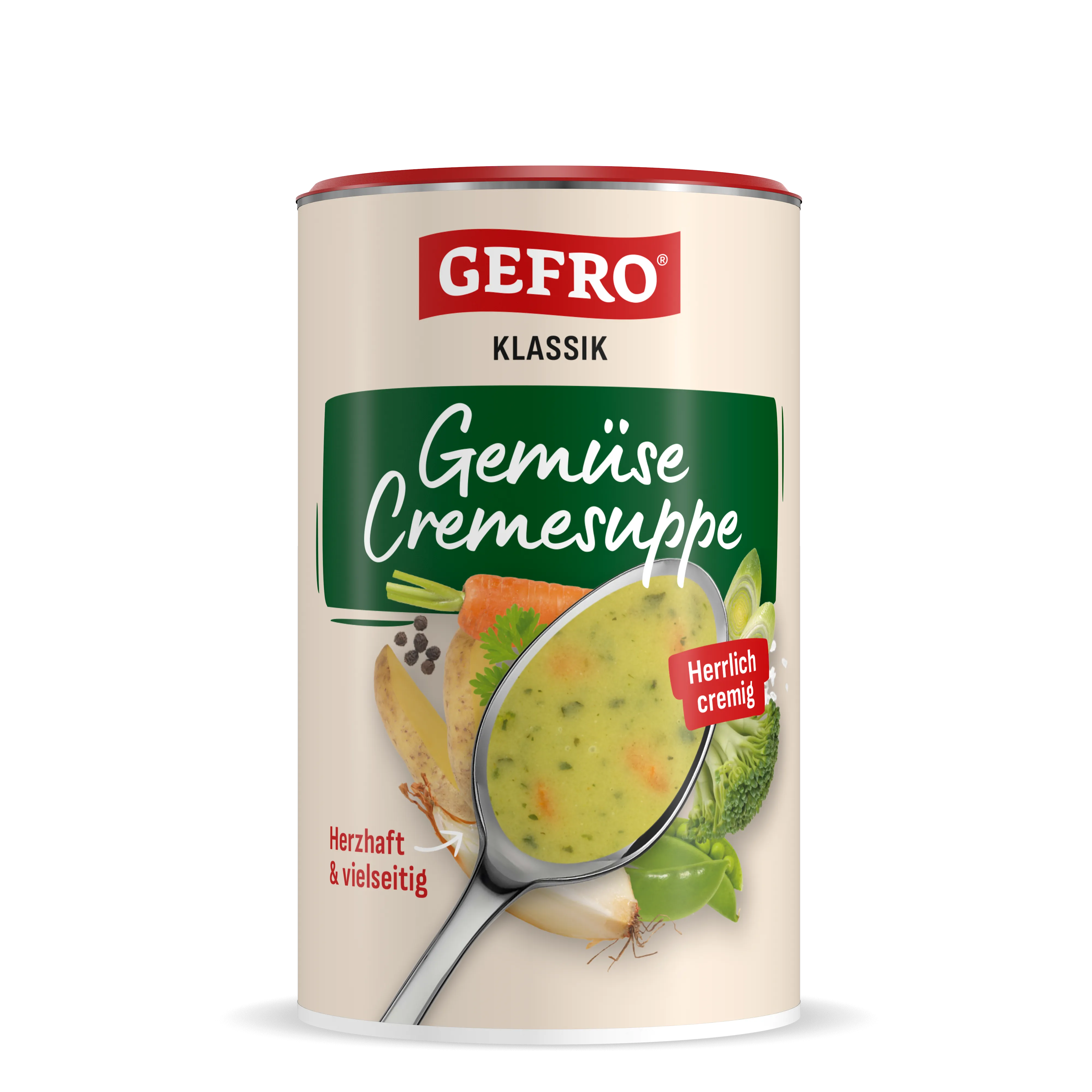Dose GEFRO Klassik Gemüse Cremesuppe mit Abbildung einer cremigen Gemüsesuppe und frischem Gemüse auf dem Etikett