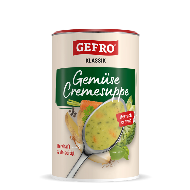 Dose GEFRO Klassik Gemüse Cremesuppe mit Abbildung einer cremigen Gemüsesuppe und frischem Gemüse auf dem Etikett