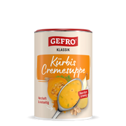 Dose GEFRO Klassik Kürbis Cremesuppe mit Abbildung einer cremigen Suppe im Löffel sowie Kürbis, Zwiebel und Ingwer