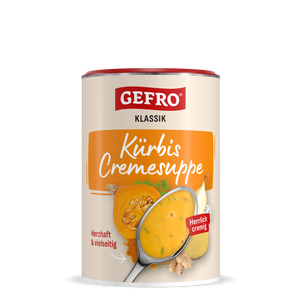 Dose GEFRO Klassik Kürbis Cremesuppe mit Abbildung einer cremigen Suppe im Löffel sowie Kürbis, Zwiebel und Ingwer