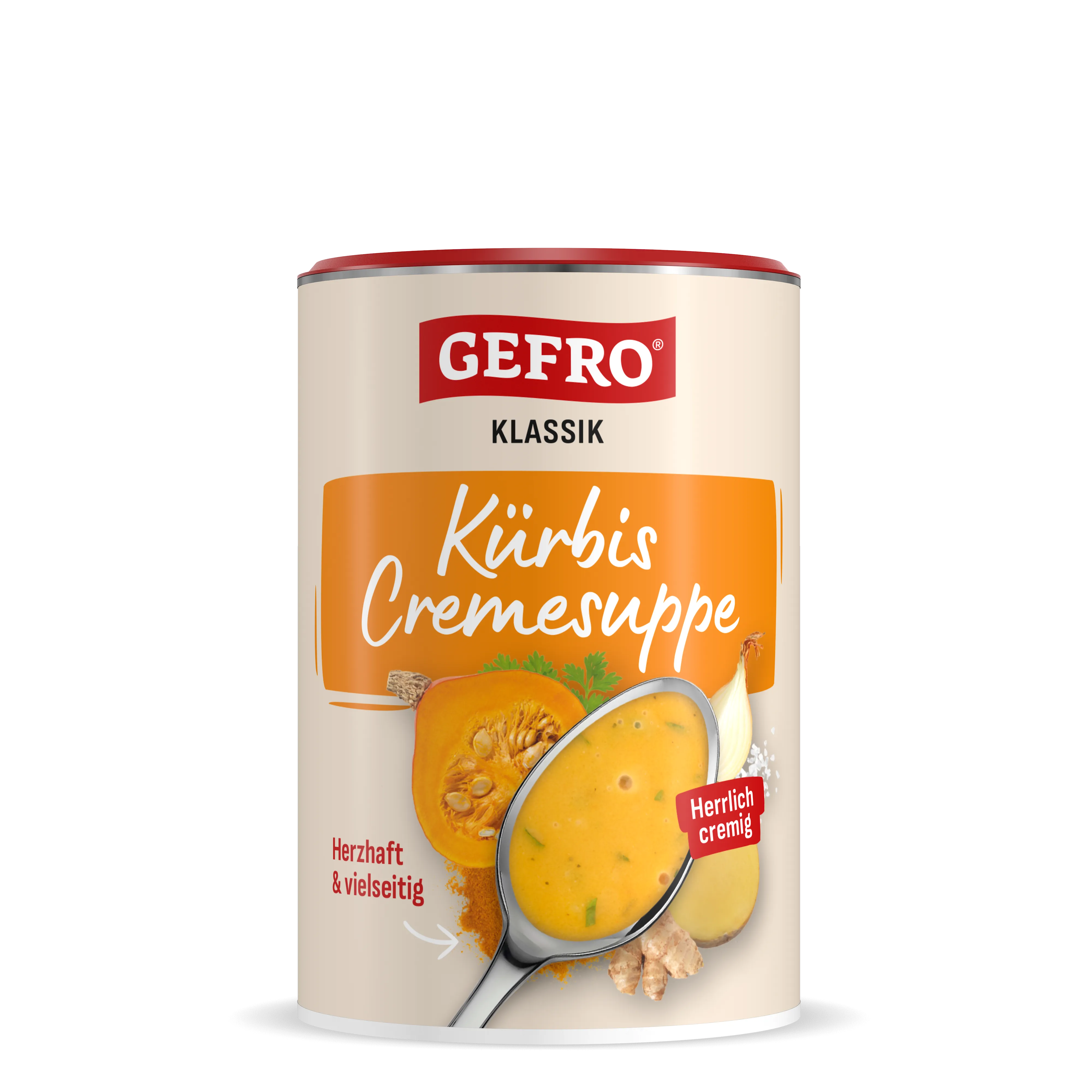 Dose GEFRO Klassik Kürbis Cremesuppe mit Abbildung einer cremigen Suppe im Löffel sowie Kürbis, Zwiebel und Ingwer