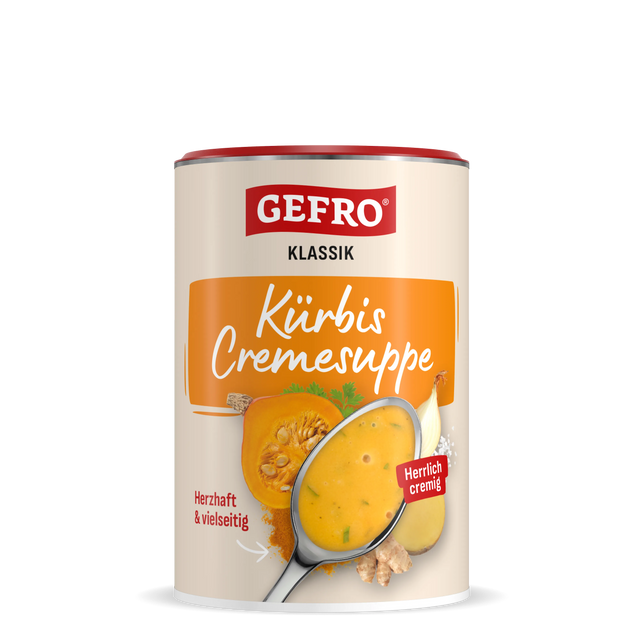Dose GEFRO Klassik Kürbis Cremesuppe mit Abbildung einer cremigen Suppe im Löffel sowie Kürbis, Zwiebel und Ingwer