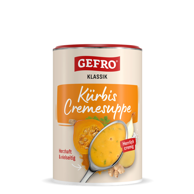 Dose GEFRO Klassik Kürbis Cremesuppe mit Abbildung einer cremigen Suppe im Löffel sowie Kürbis, Zwiebel und Ingwer