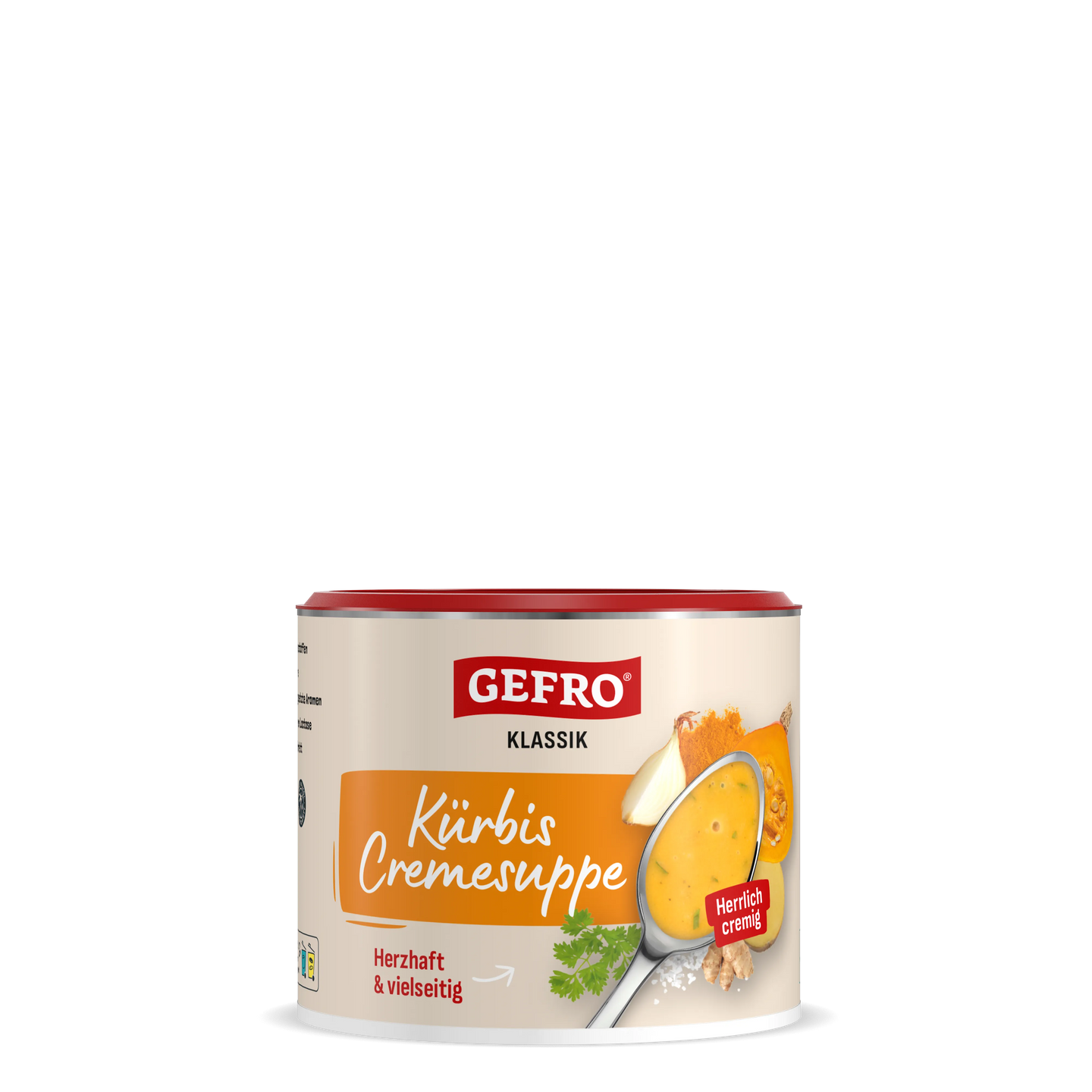 Dose GEFRO Klassik Kürbis Cremesuppe mit Abbildung einer cremigen Suppe, Kürbisstück, Zwiebel und Petersilie
