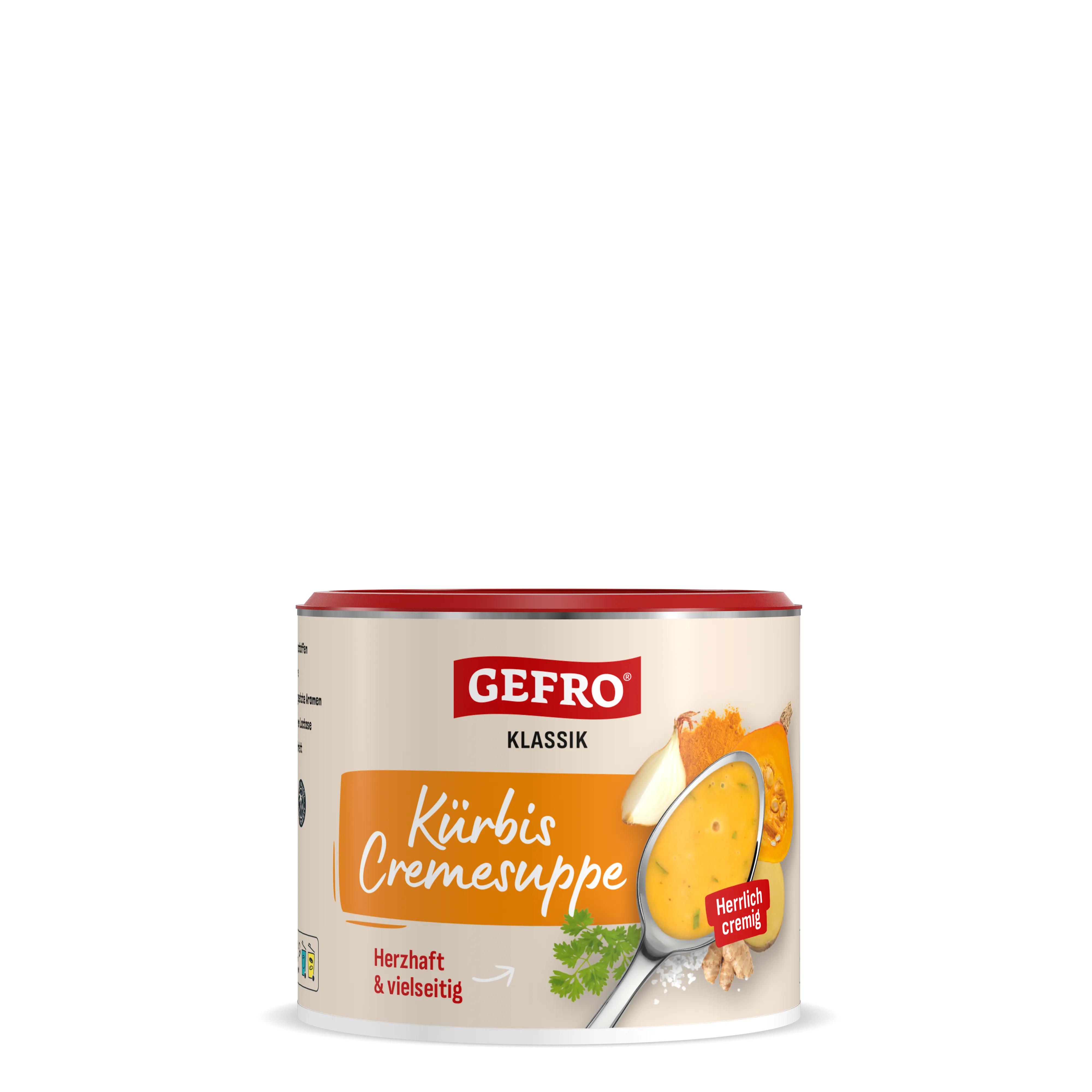 Dose GEFRO Klassik Kürbis Cremesuppe mit Abbildung einer cremigen Suppe, Kürbisstück, Zwiebel und Petersilie