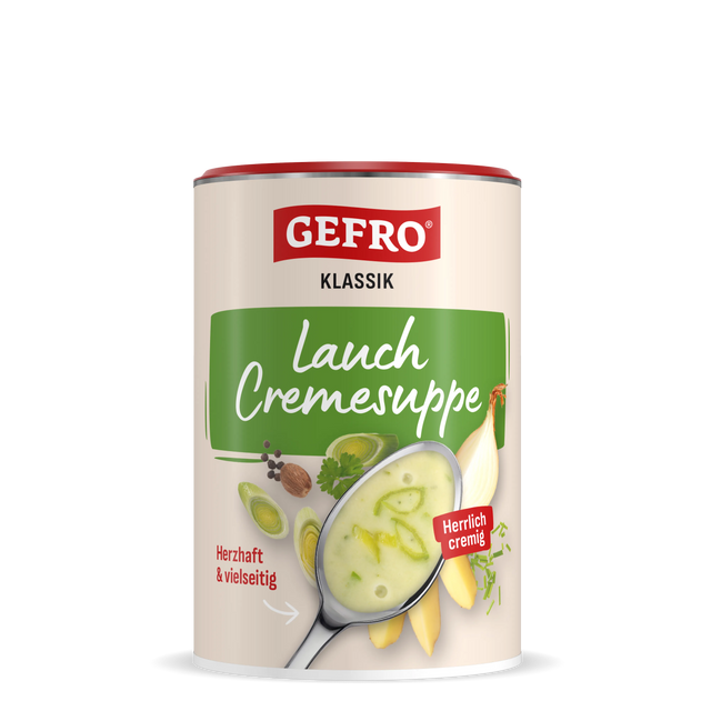 Dose GEFRO Klassik Lauch Cremesuppe, cremige Suppe mit Lauch und Zwiebel auf der Verpackung abgebildet