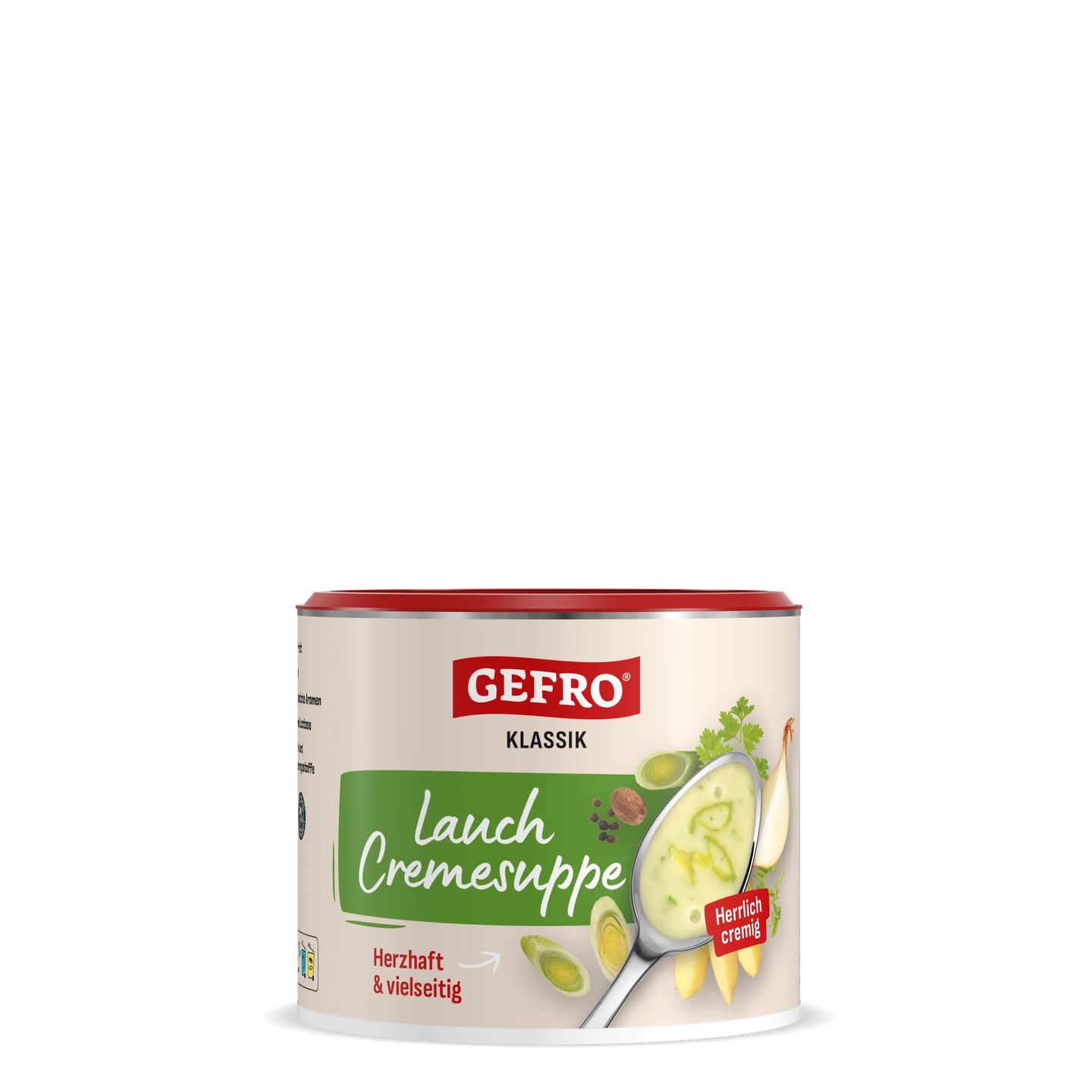 Dose Gefro Klassik Lauch Cremesuppe, cremige Suppe mit Lauch auf der Verpackung, Produktansicht frontal